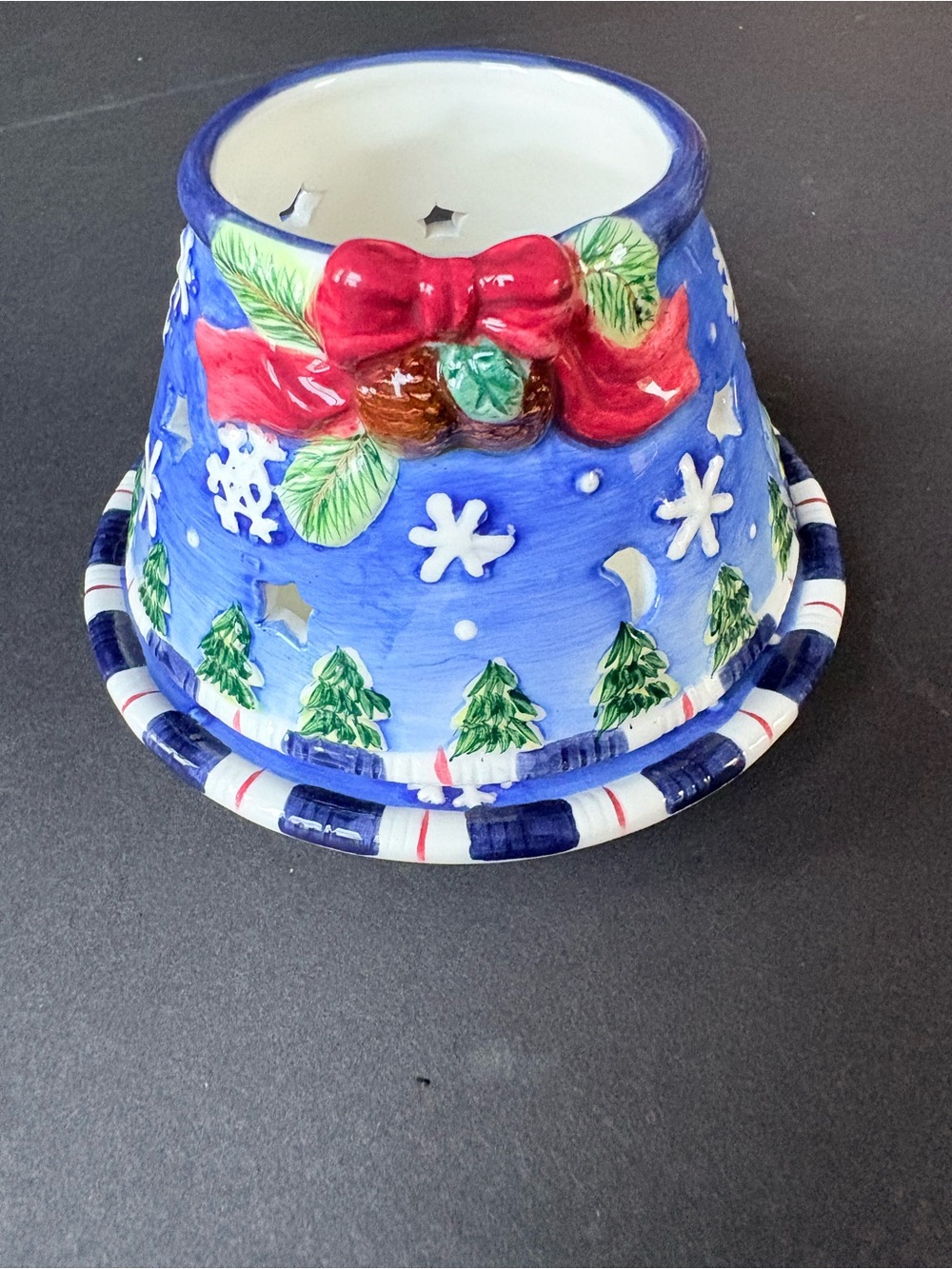 Hand-Painted Ceramic Christmas Candle Holder - Blue with Red Bow